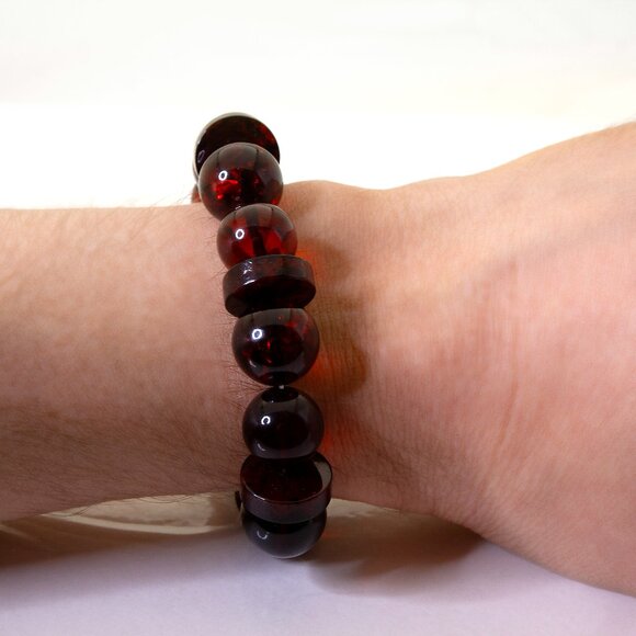 100% NATURAL Dark Cherry Amber Bracelet, 13-14 mm Round Beads with Disks - Picture 7 of 8